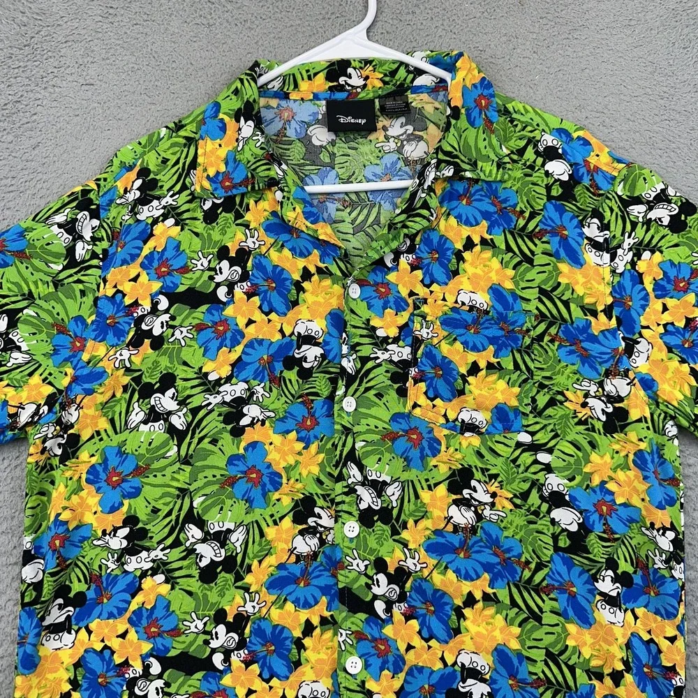 Disney Mickey Mouse Shirt Mens Medium Hawaiian Aloha Rayon Floral‎ Tropical
